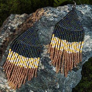 Big Blue Yellow Gold White Bohemian Beaded Festival Earrings Tassel Fringe New